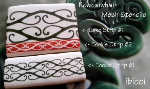 ibicci Maori Kowhaiwhai Mesh Stencils - Cake & cookie strips mixed on cookies
